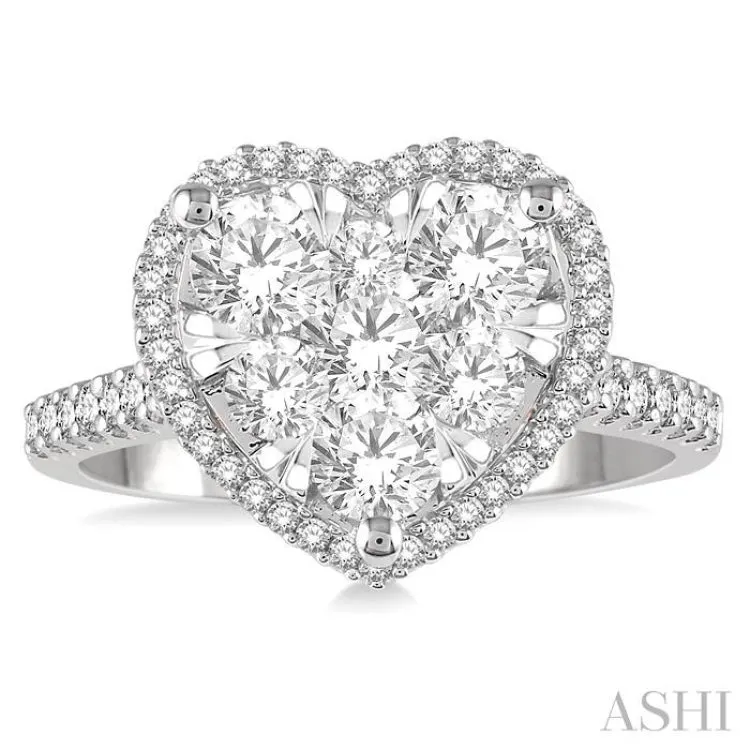 1 1/10 ctw Round Diamond Lovebright Heart Halo Engagement Ring in 14K White and Rose Gold