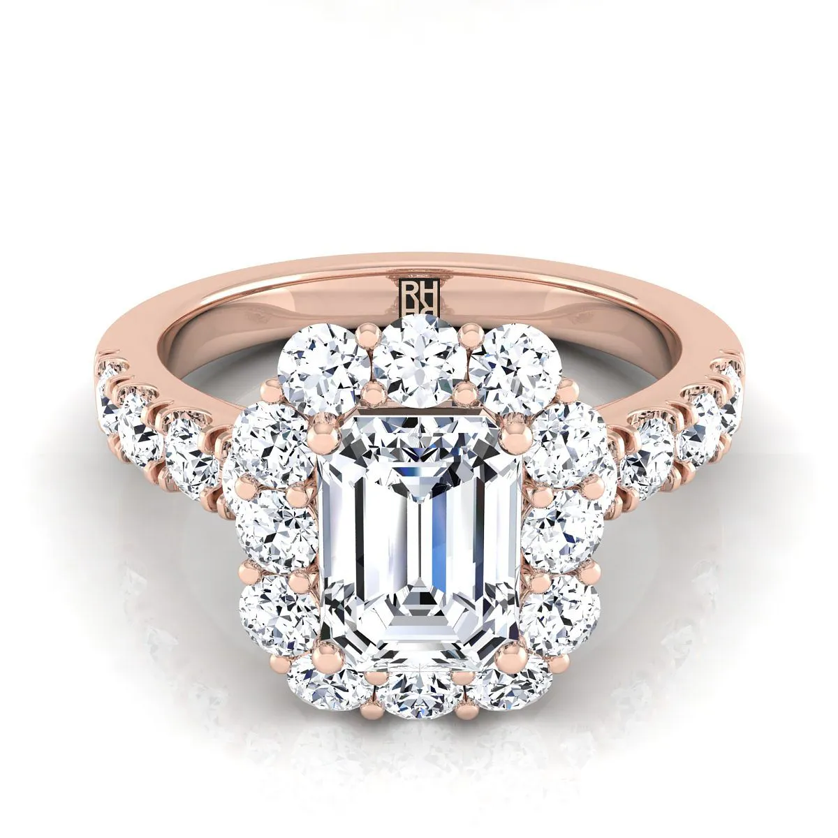 14K Rose Gold Emerald Cut Diamond Luxe Style French Pave Halo Engagement Ring -1-1/10ctw