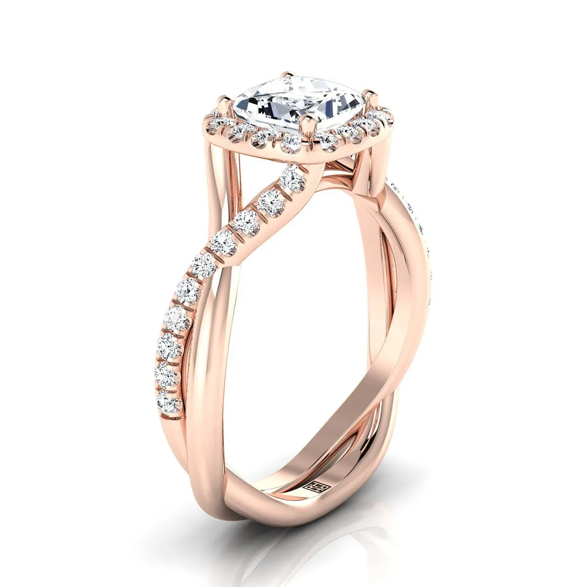 14K Rose Gold Princess Cut Diamond Twisted Scalloped Pavé Halo Center Engagement Ring -3/8ctw