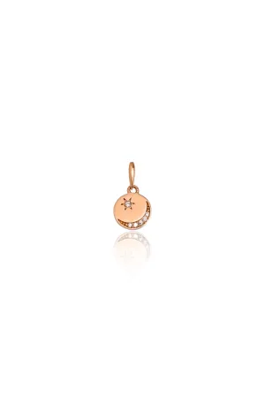 14K Solid Rose Gold Disk Crescent Moon And Star Charm Necklace