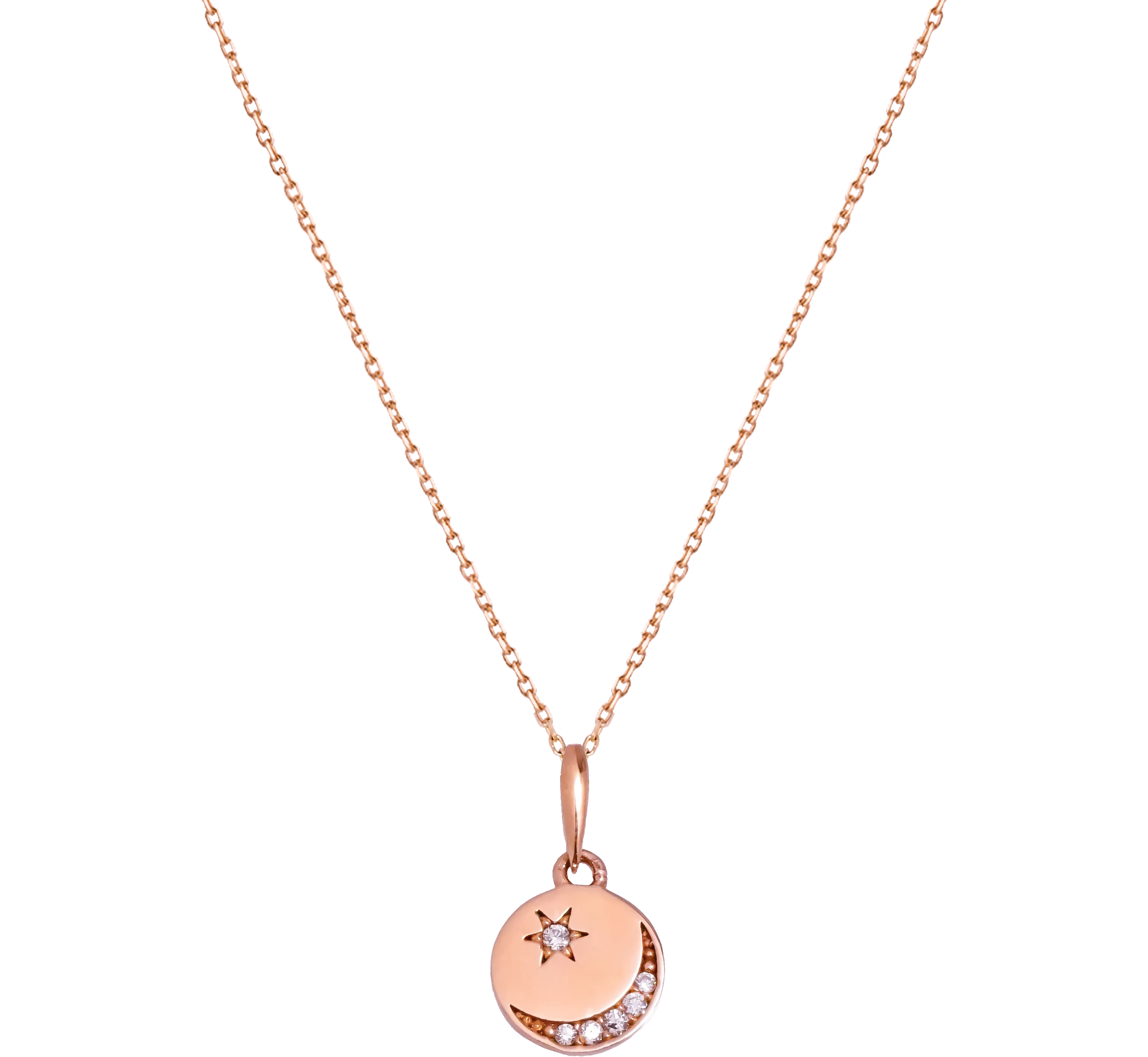 14K Solid Rose Gold Disk Crescent Moon And Star Charm Necklace