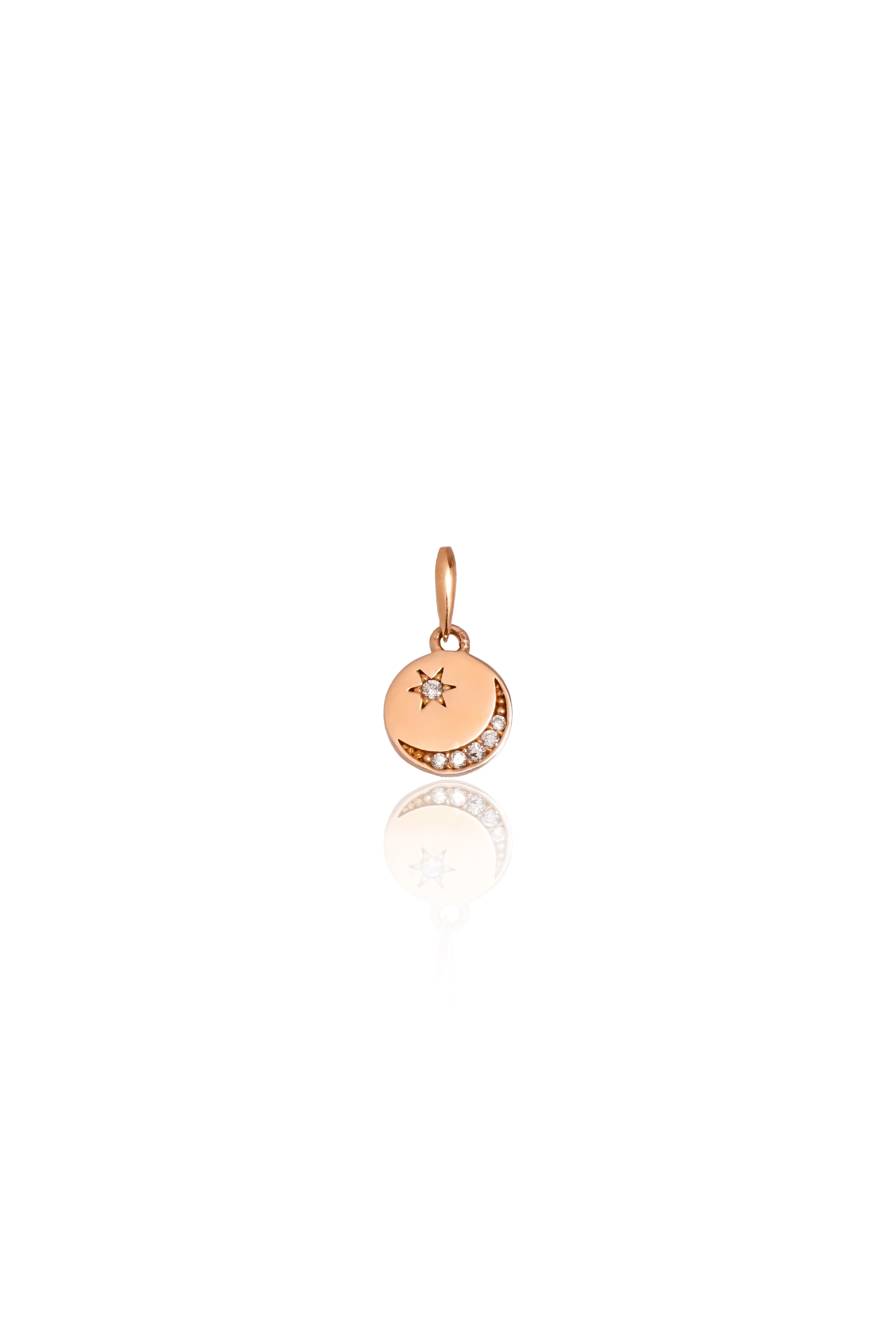 14K Solid Rose Gold Disk Crescent Moon And Star Charm Necklace