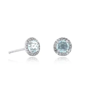 14K White Gold Aqua Diamond Halo Stud Earrings