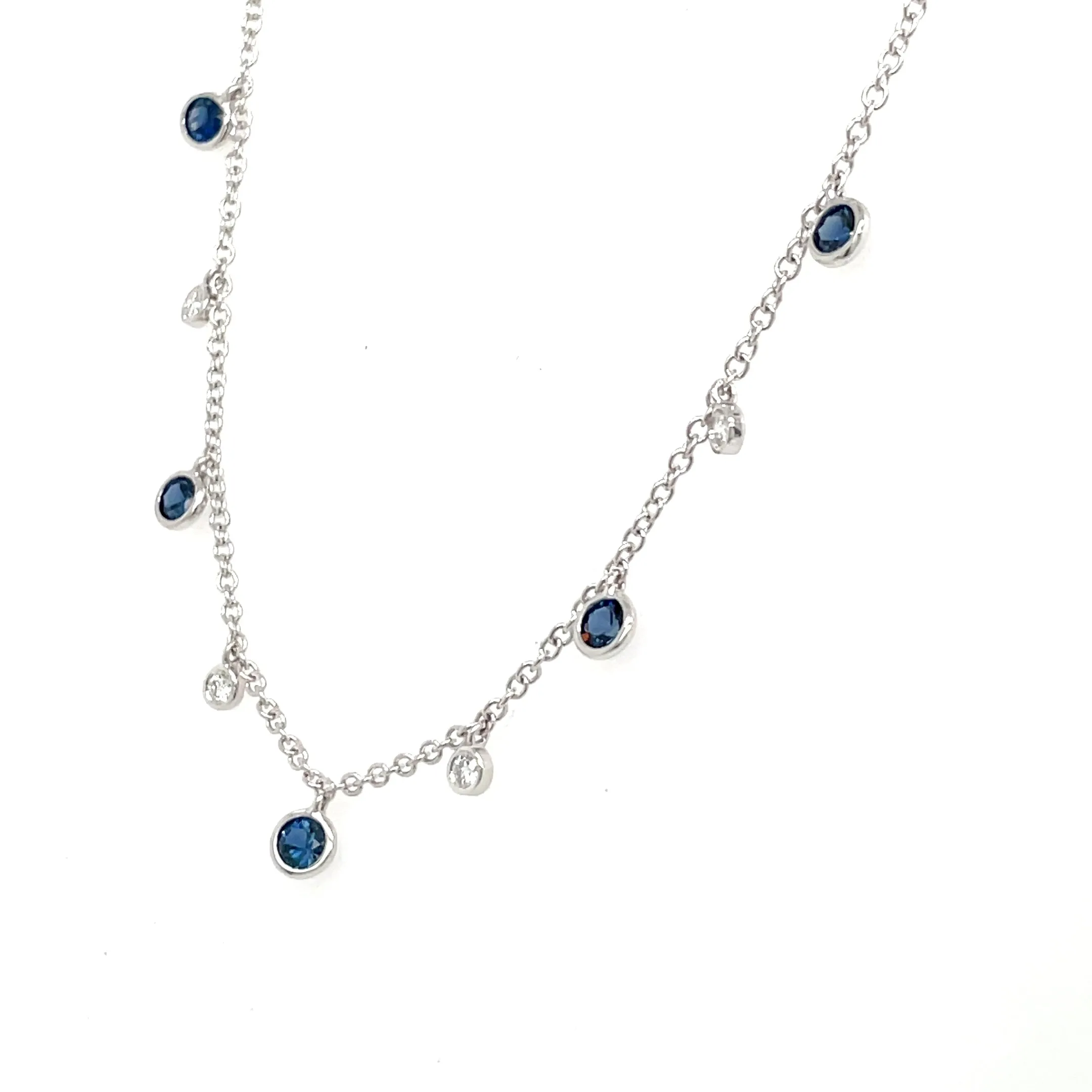 14K White Gold Bezel Set Blue Sapphire & Diamond Dangle Necklace