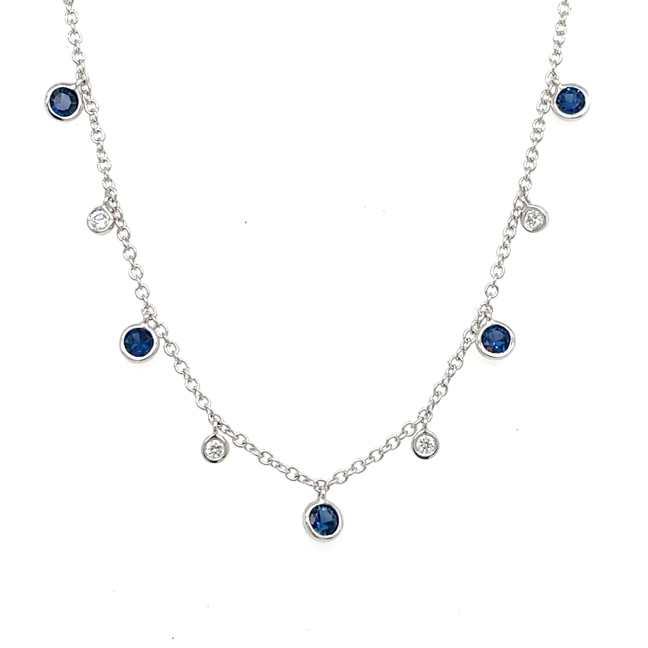 14K White Gold Bezel Set Blue Sapphire & Diamond Dangle Necklace