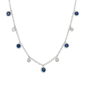 14K White Gold Bezel Set Blue Sapphire & Diamond Dangle Necklace