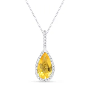 14K White Gold Citrine and Diamond Teardrop Necklace