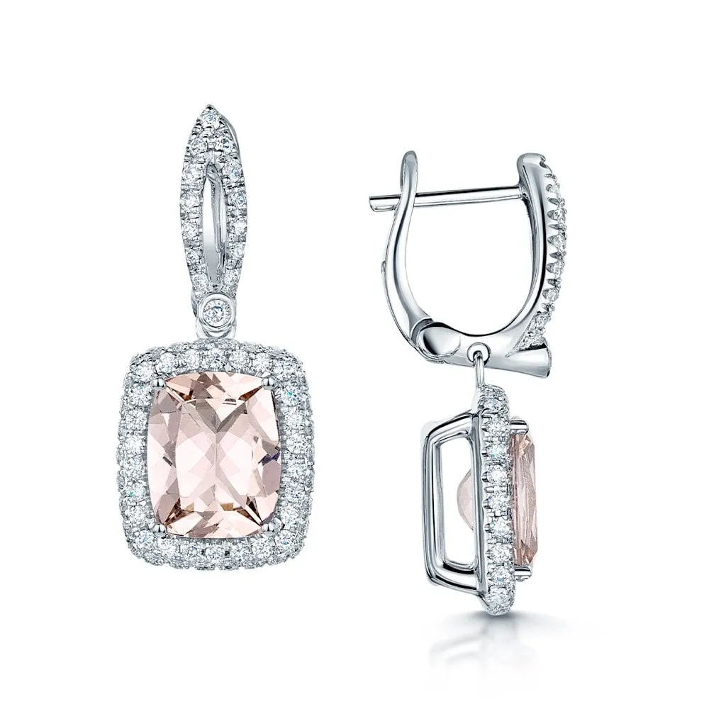 18ct White Gold Cushion Cut Morganite And Diamond Pave Set Drop Earrings