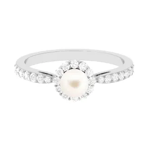 2.75 CT Classic Freshwater Pearl Promise Ring with Diamond Halo