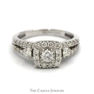 14k White Gold Engagement Ring with Square Halo and 3/4cttw Diamond Accents in Split Shank Setting