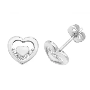 9ct White Gold Zirconia Double Heart Stud Earrings ES436W