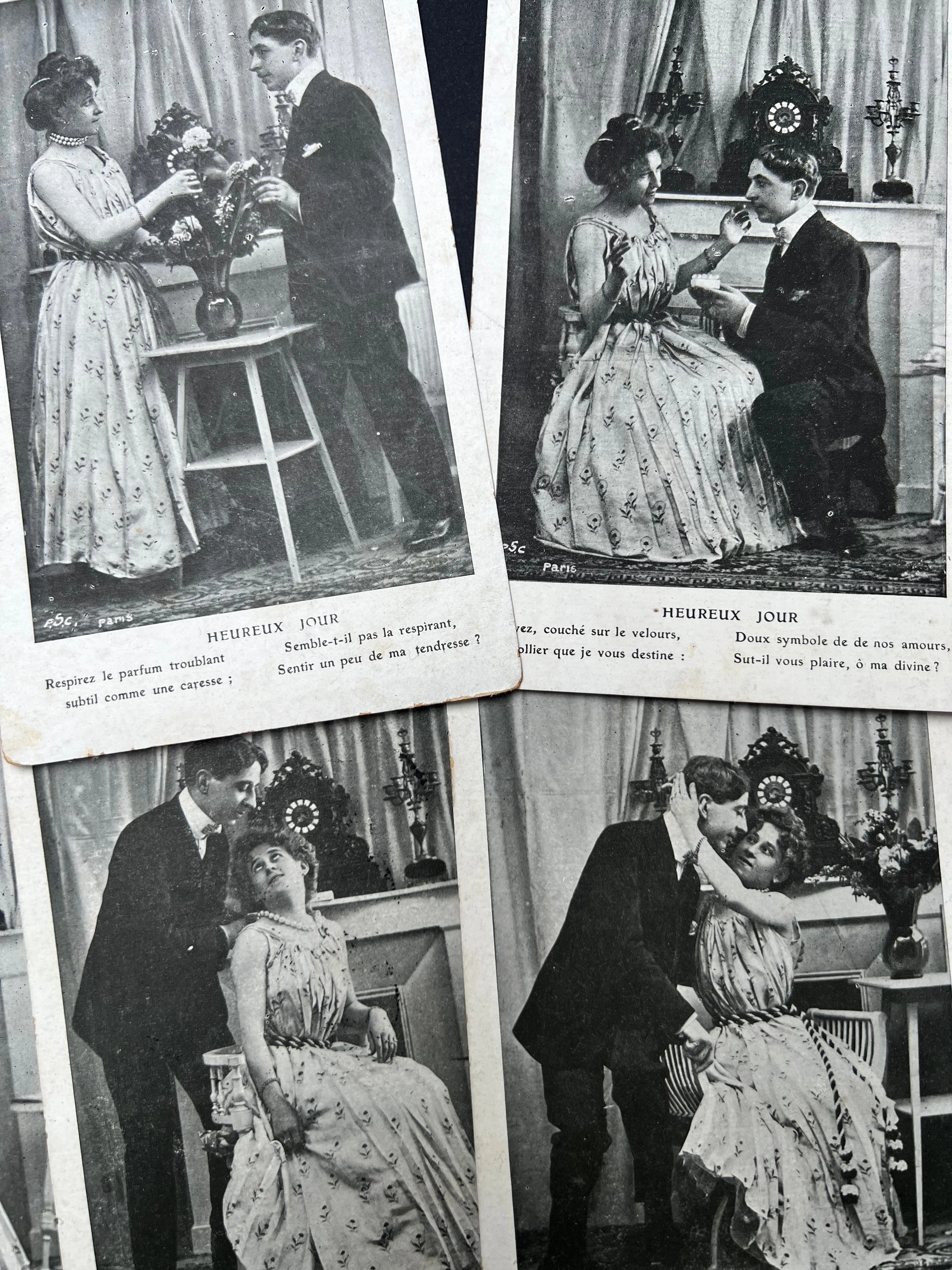 A Series of 6 French Postcards of a Courting Couple dated 1909 "Happy Day"