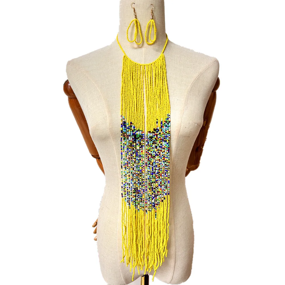 African Vibes Long Tassel Necklace Set - Vibrant Rice Beads, Cross-border Jewelry