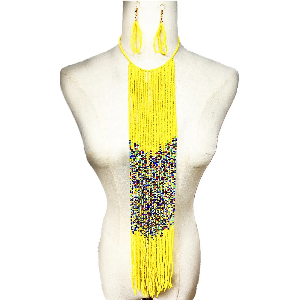 African Vibes Long Tassel Necklace Set - Vibrant Rice Beads, Cross-border Jewelry