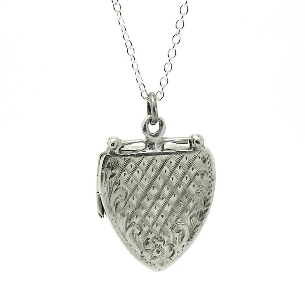 Antique George V 1914 Shield Silver Locket Necklace