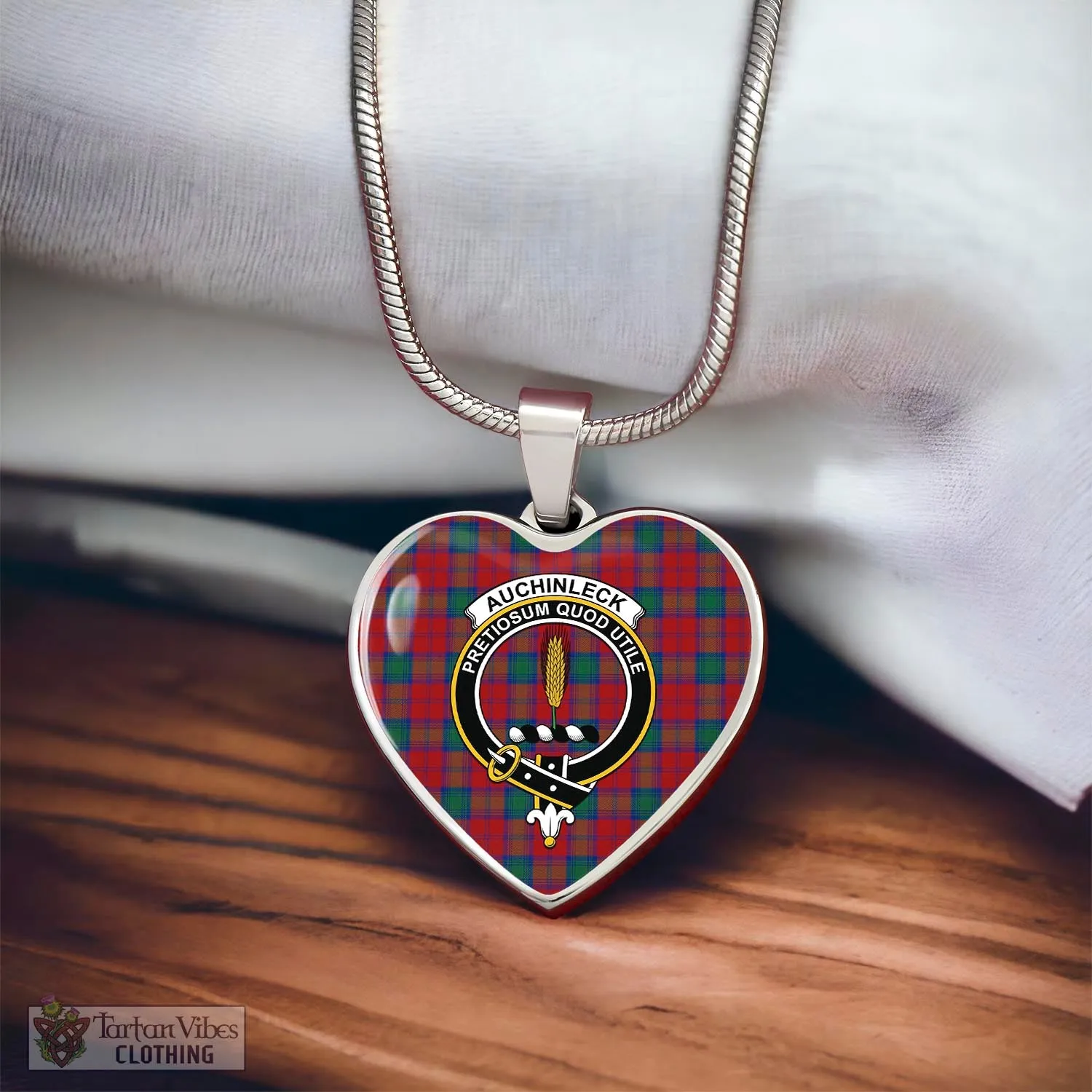 Auchinleck (Affleck) Tartan Heart Necklace with Family Crest