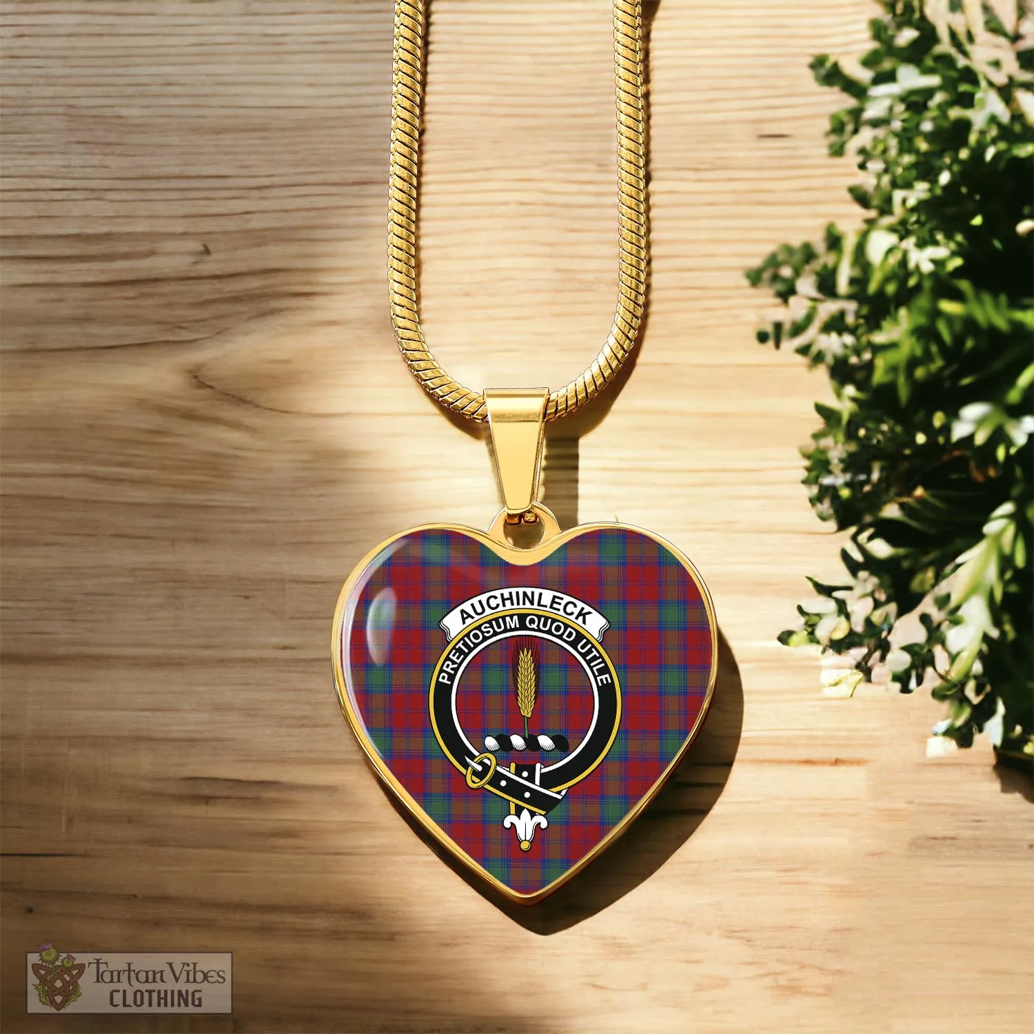 Auchinleck (Affleck) Tartan Heart Necklace with Family Crest