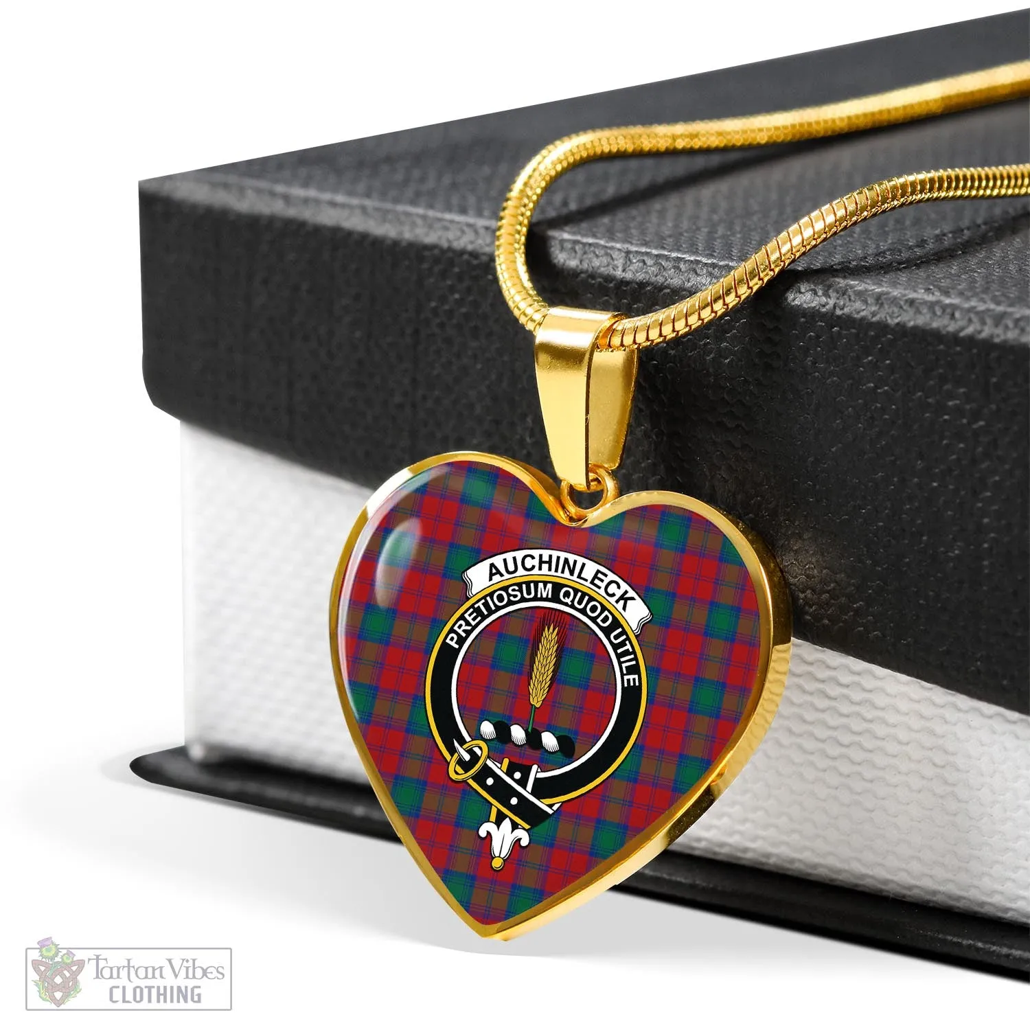 Auchinleck (Affleck) Tartan Heart Necklace with Family Crest