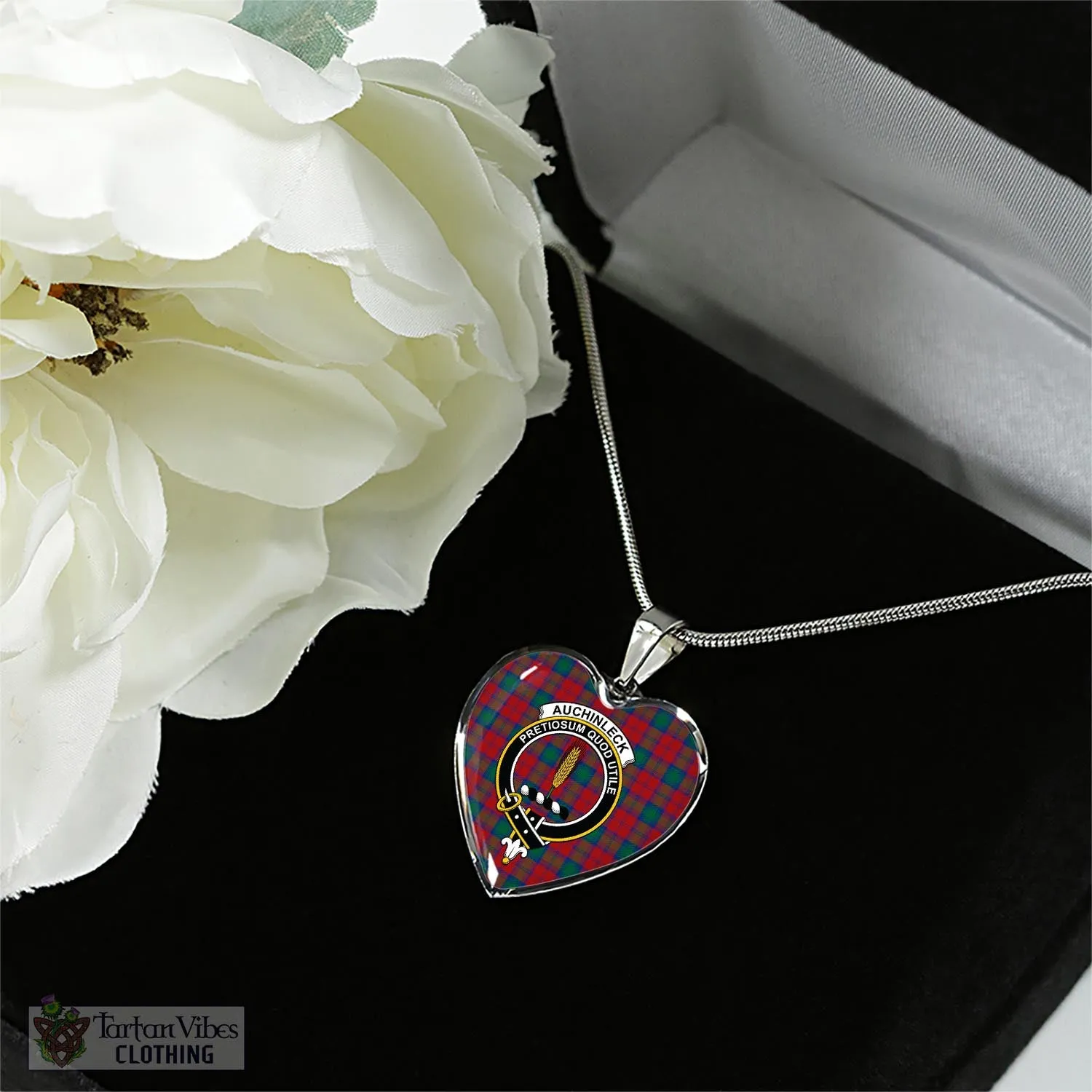 Auchinleck (Affleck) Tartan Heart Necklace with Family Crest