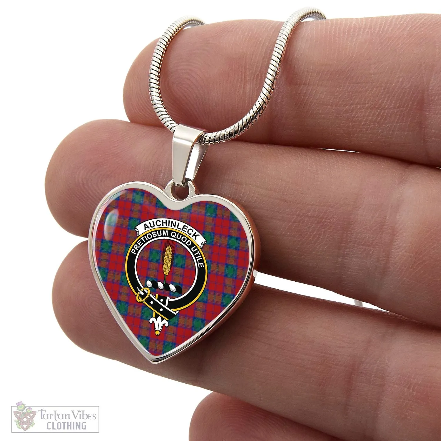 Auchinleck (Affleck) Tartan Heart Necklace with Family Crest