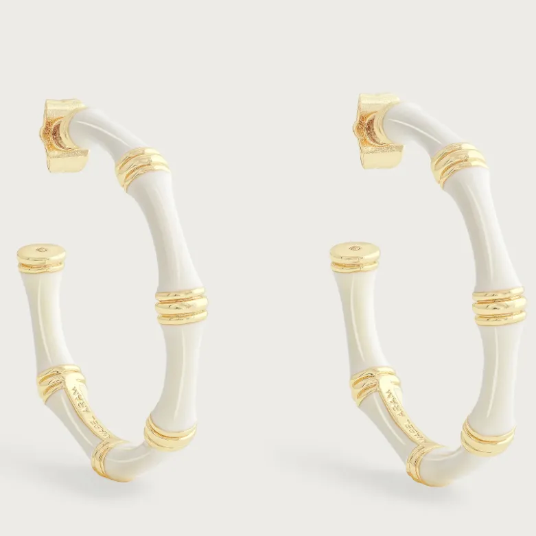 Bamboo Enameled Hoop Earrings-Creme