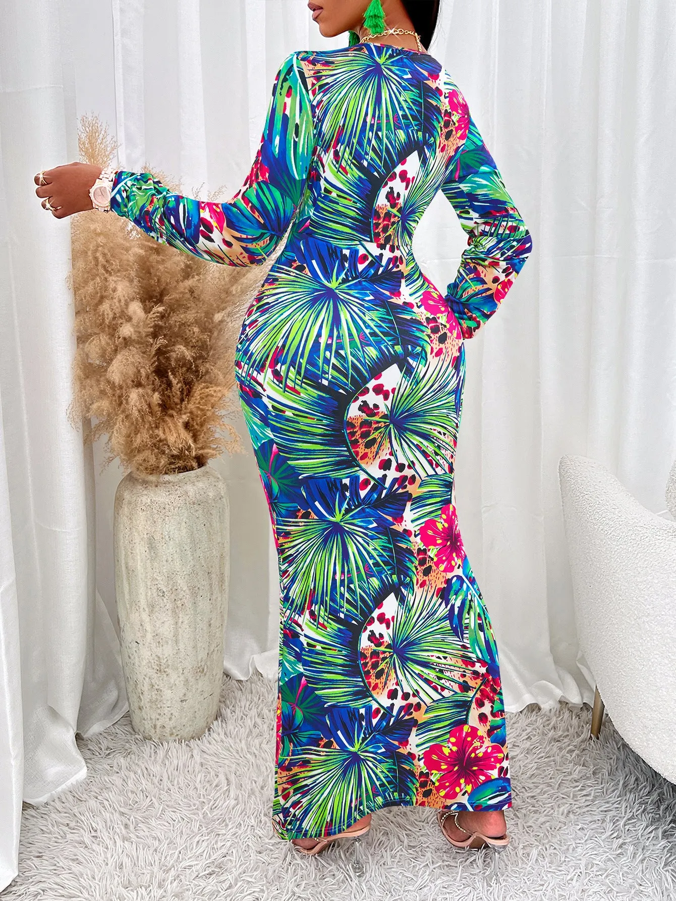 Bold and Colorful Long Sleeve Maxi Dress