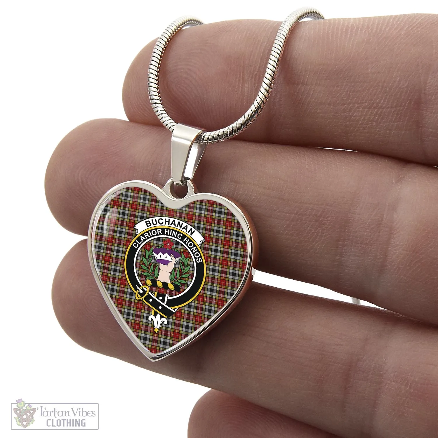 Buchanan Old Dress Tartan Heart Necklace with Family Crest