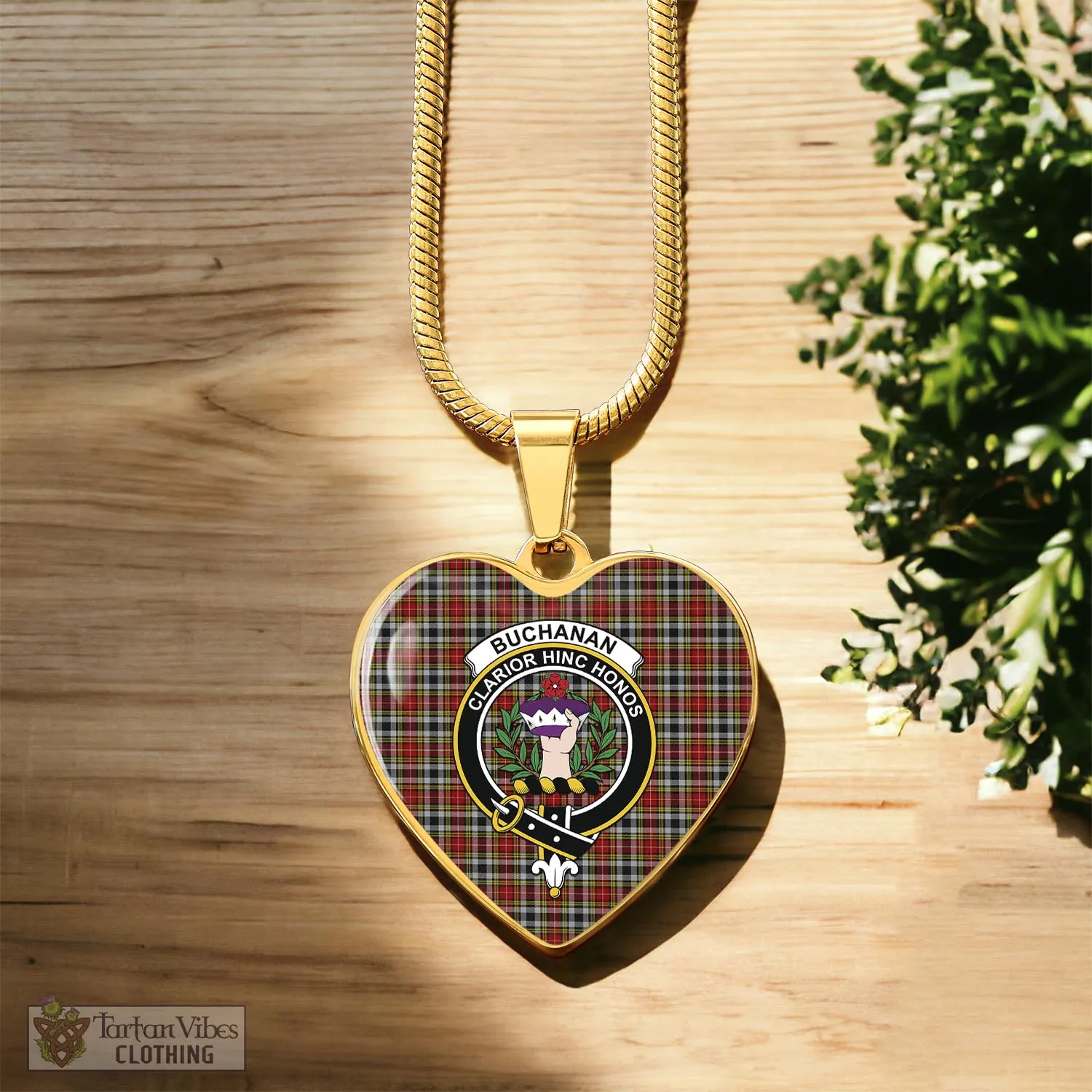 Buchanan Old Dress Tartan Heart Necklace with Family Crest