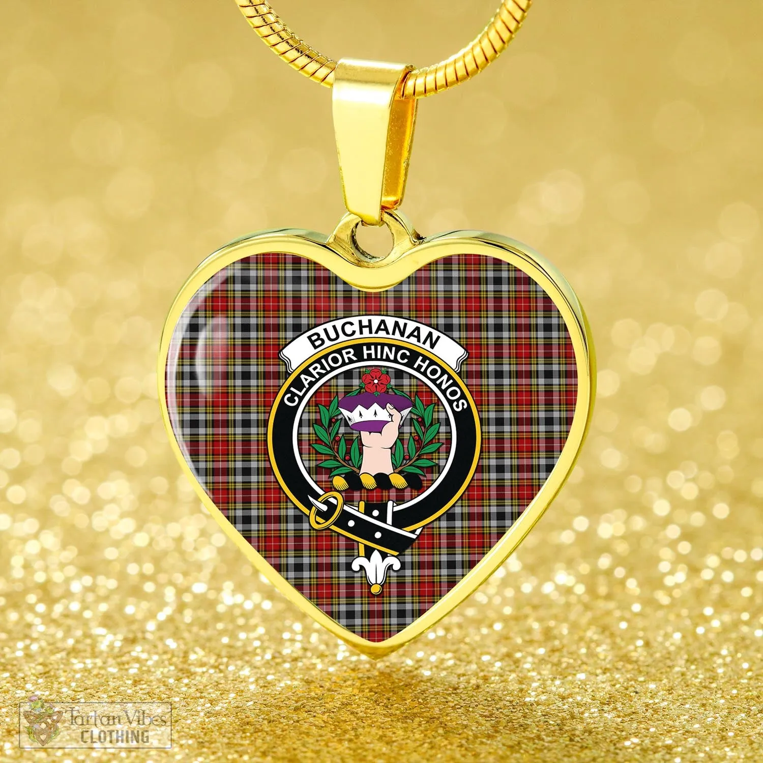 Buchanan Old Dress Tartan Heart Necklace with Family Crest