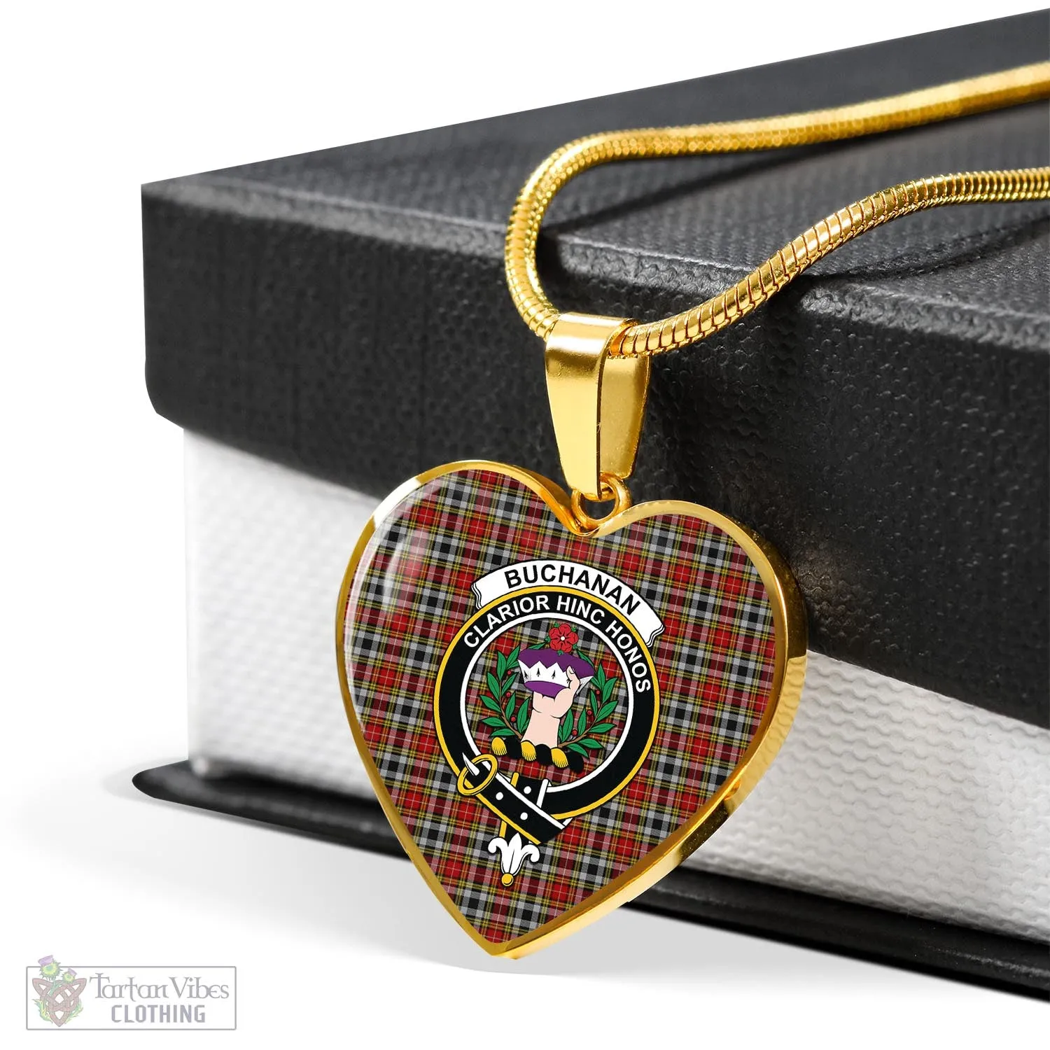 Buchanan Old Dress Tartan Heart Necklace with Family Crest