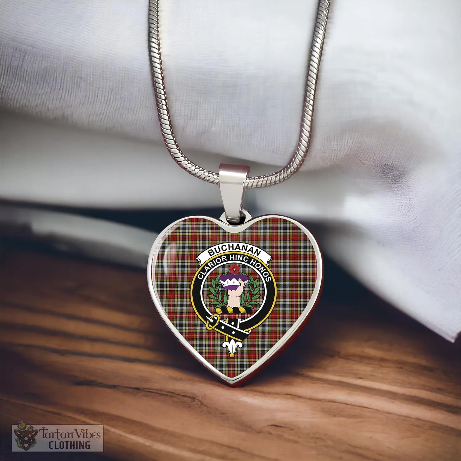 Buchanan Old Dress Tartan Heart Necklace with Family Crest