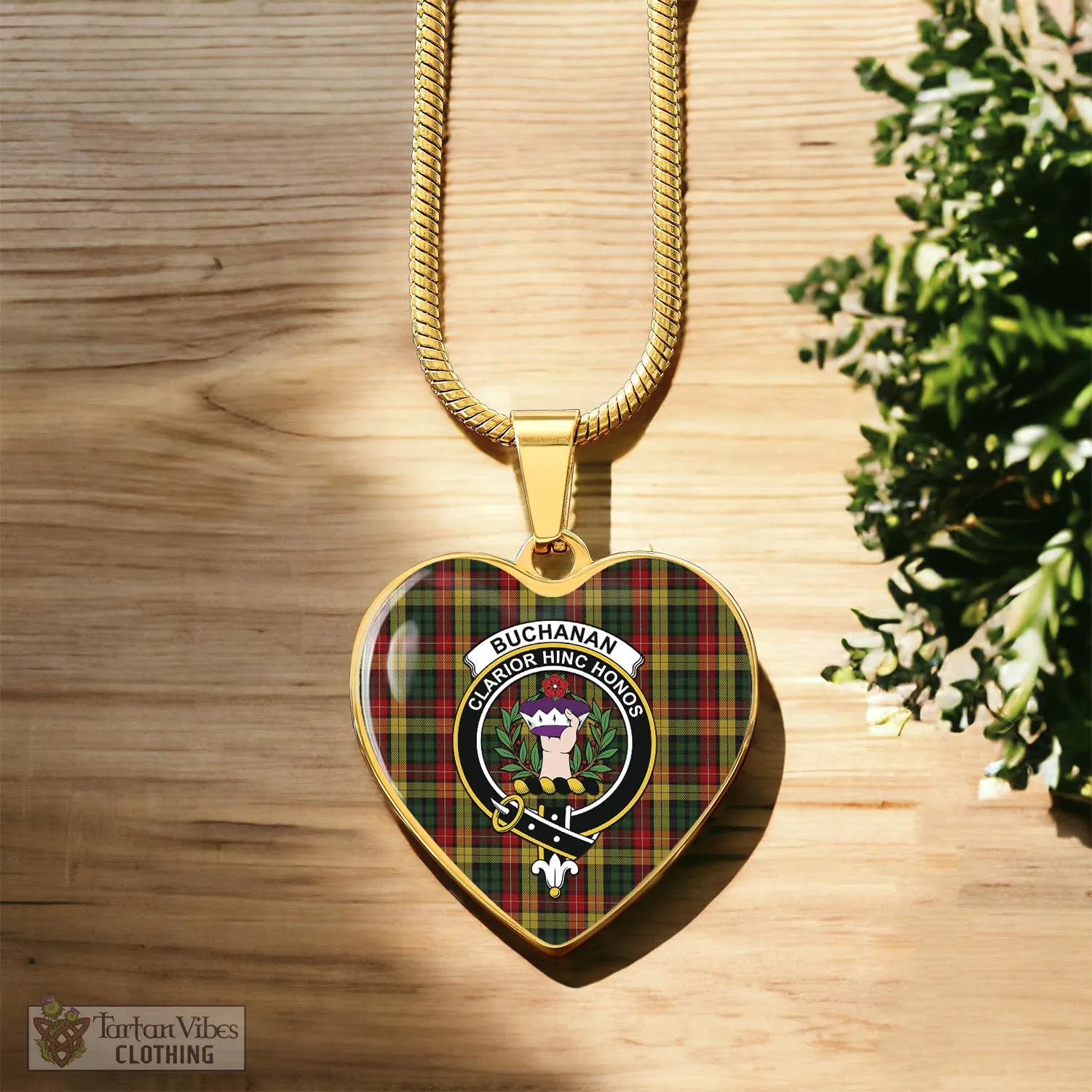 Buchanan Tartan Heart Necklace with Family Crest