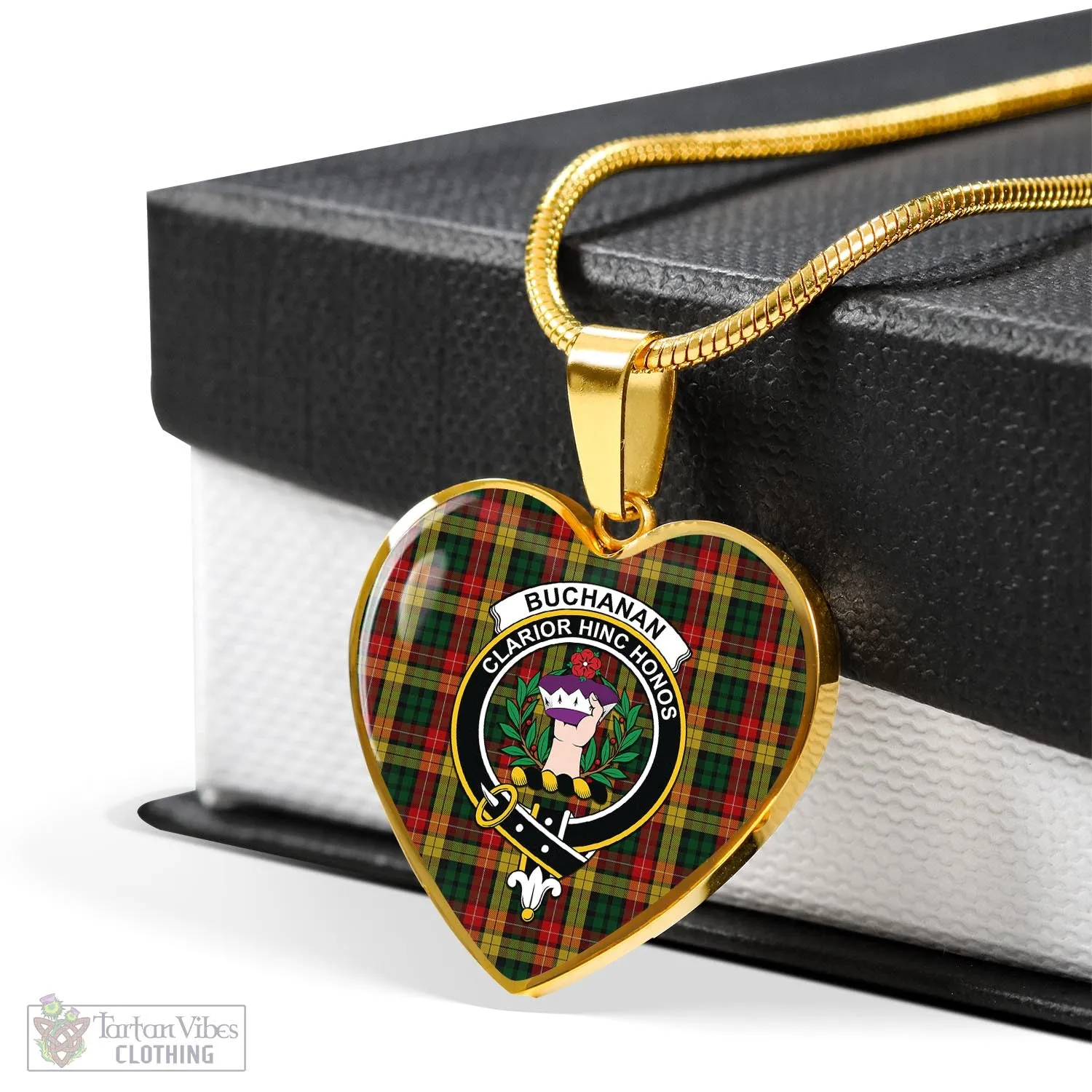 Buchanan Tartan Heart Necklace with Family Crest