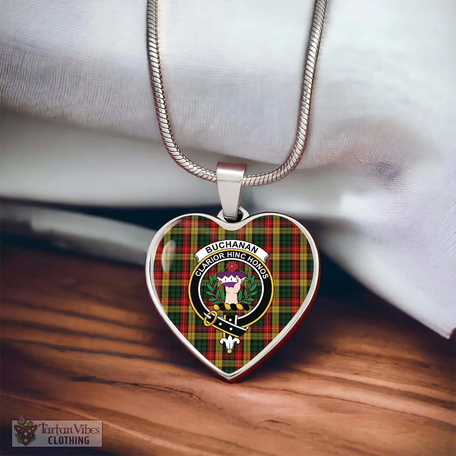 Buchanan Tartan Heart Necklace with Family Crest