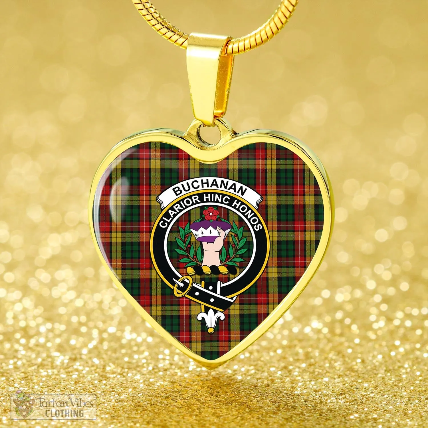 Buchanan Tartan Heart Necklace with Family Crest