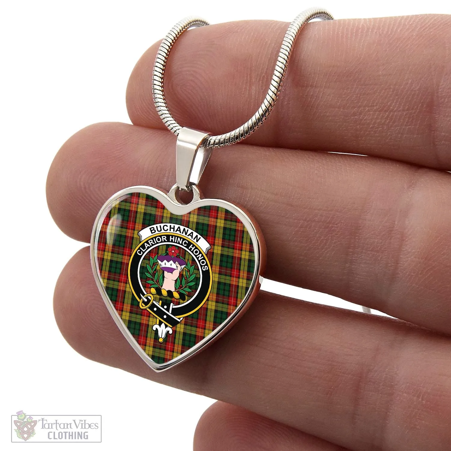 Buchanan Tartan Heart Necklace with Family Crest