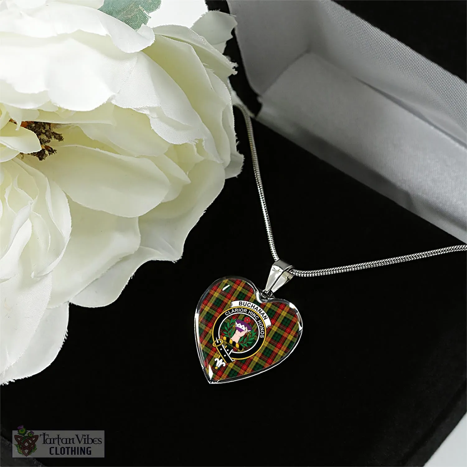 Buchanan Tartan Heart Necklace with Family Crest