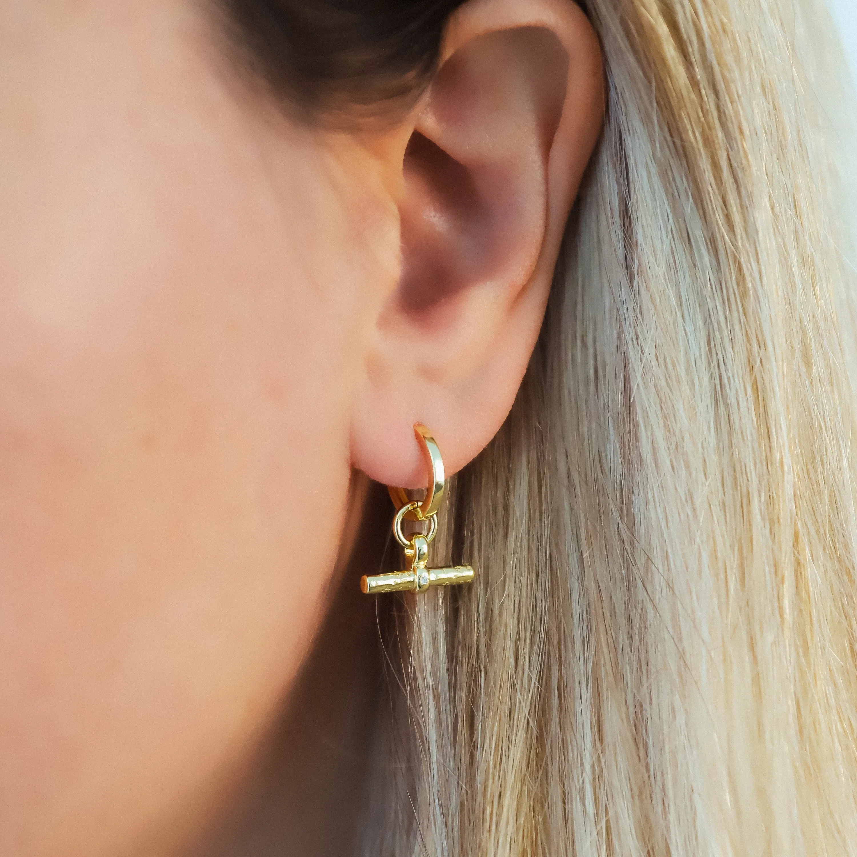 Cassia T-Bar Huggie Earrings | 18k Gold Plated