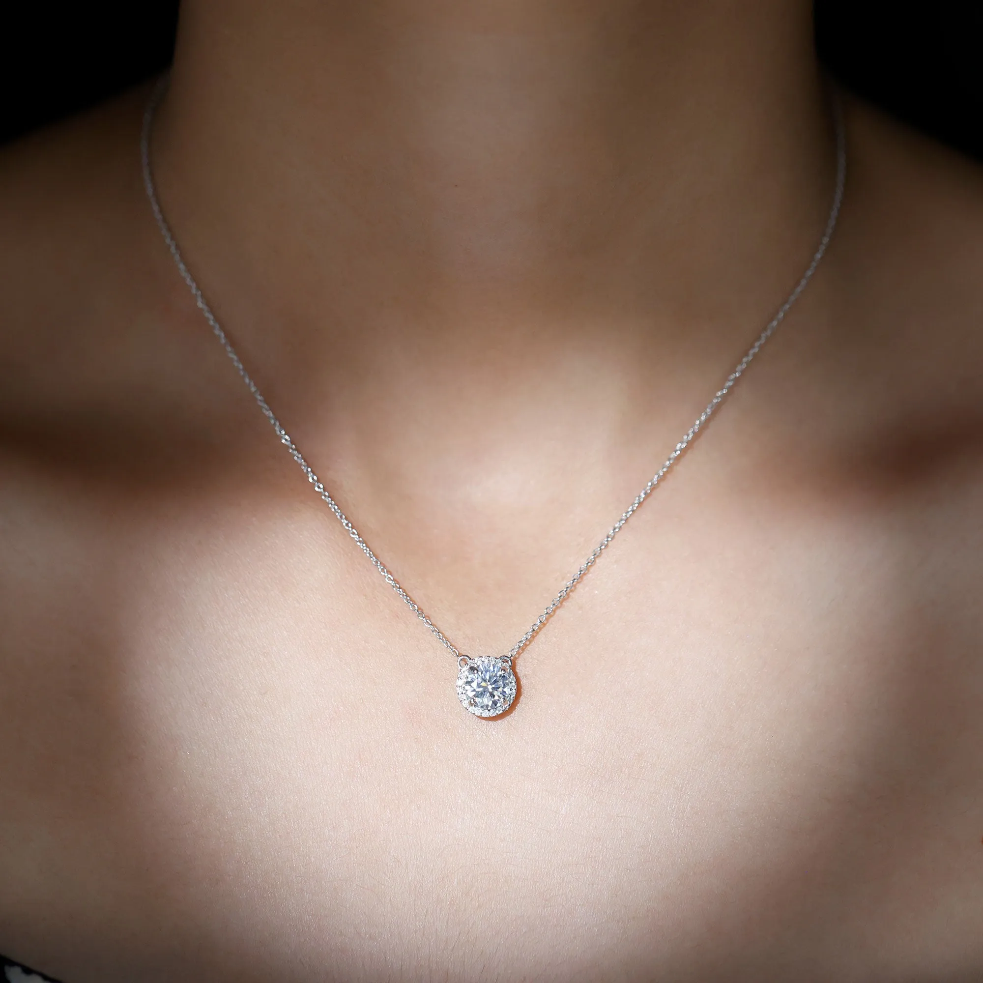 Certified Moissanite Halo Pendant Necklace in Prong Setting