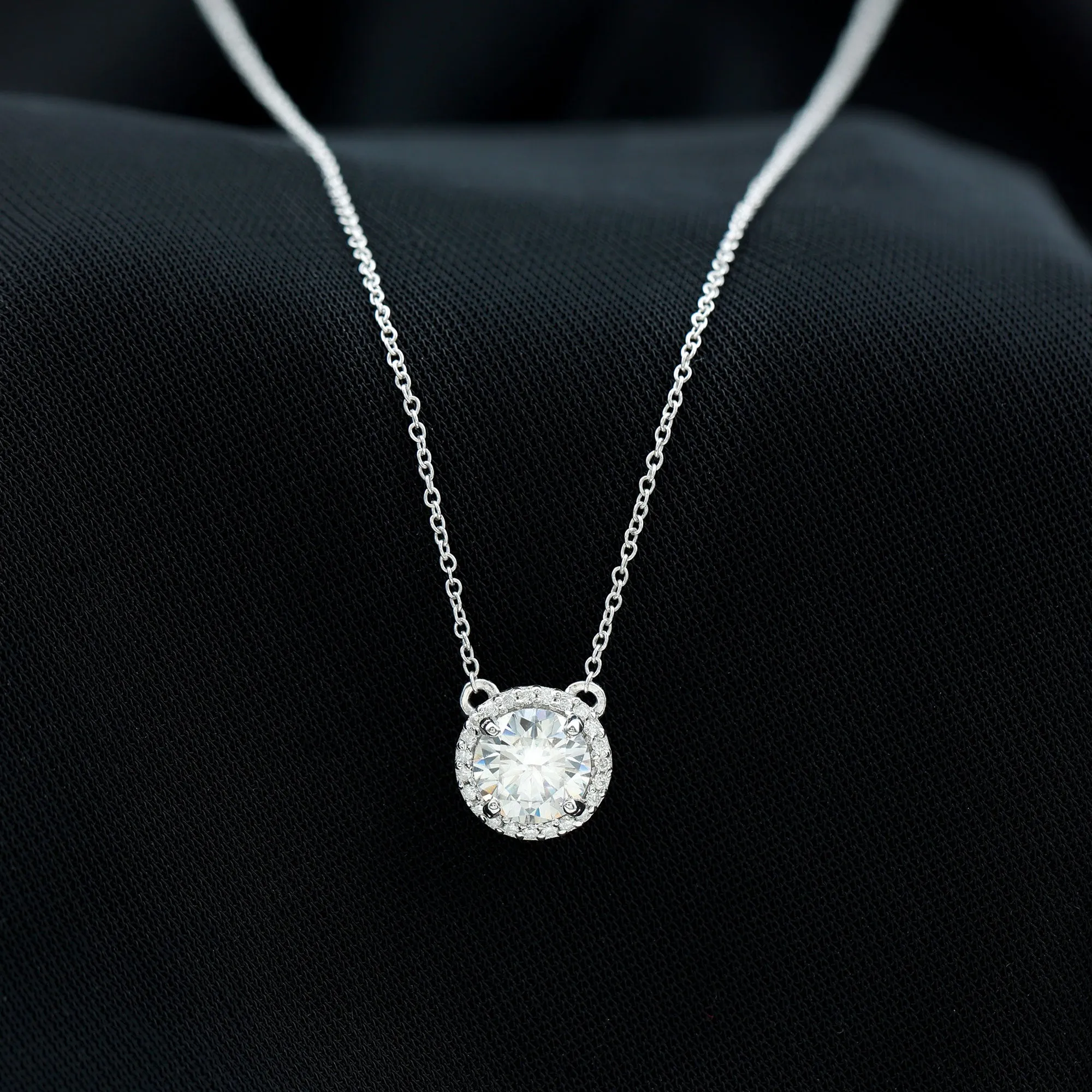 Certified Moissanite Halo Pendant Necklace in Prong Setting