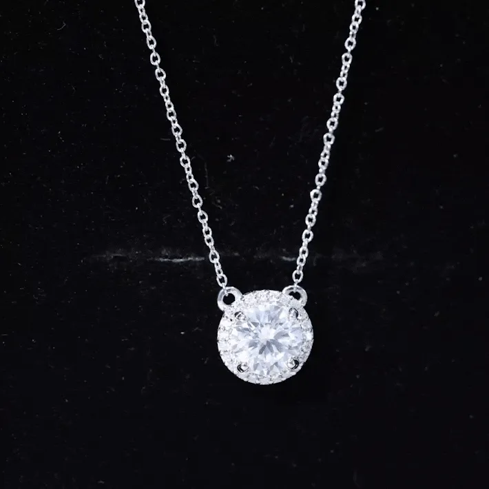 Certified Moissanite Halo Pendant Necklace in Prong Setting