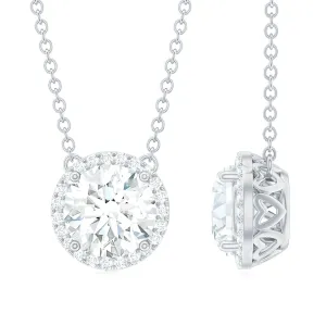 Certified Moissanite Halo Pendant Necklace in Prong Setting