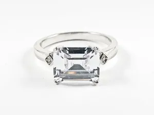 Classic Center Single Rectangle Shape Detailed Cut CZ Silver Ring