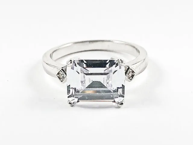 Classic Center Single Rectangle Shape Detailed Cut CZ Silver Ring