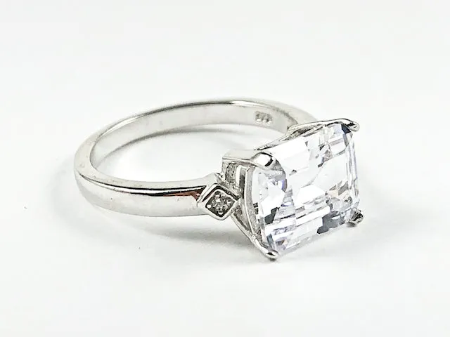 Classic Center Single Rectangle Shape Detailed Cut CZ Silver Ring