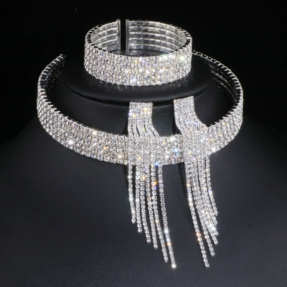 Classic Elegant Tassel Crystal Rhinestone Jewelry Set