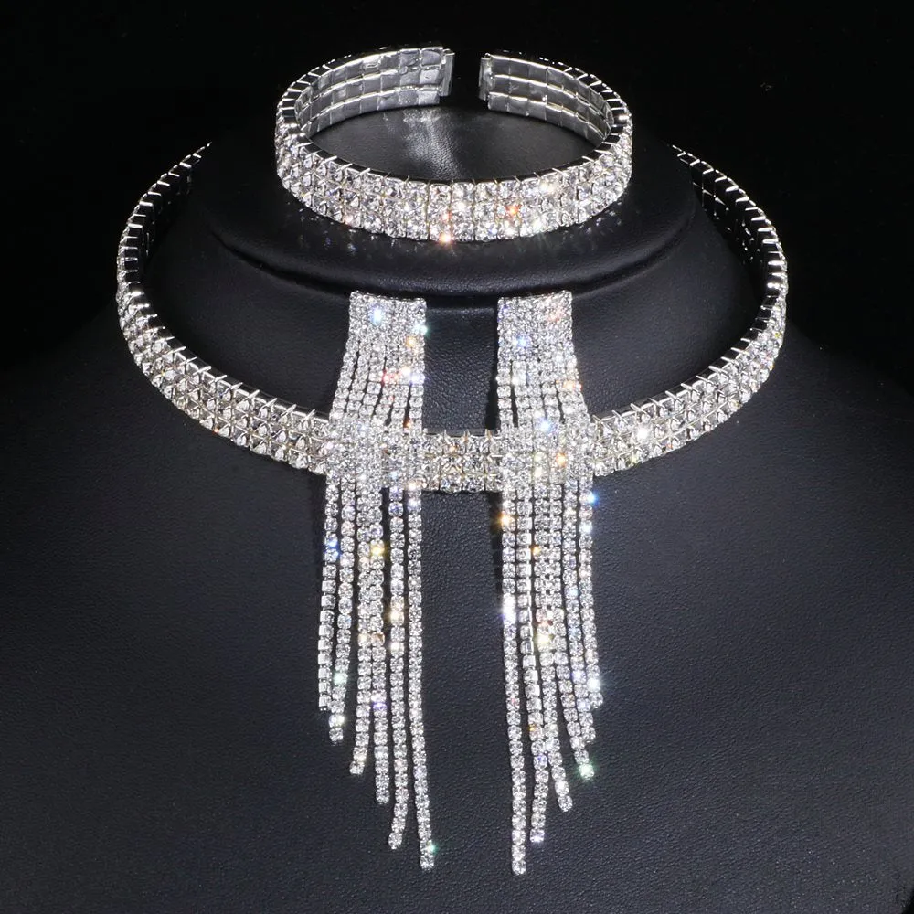 Classic Elegant Tassel Crystal Rhinestone Jewelry Set