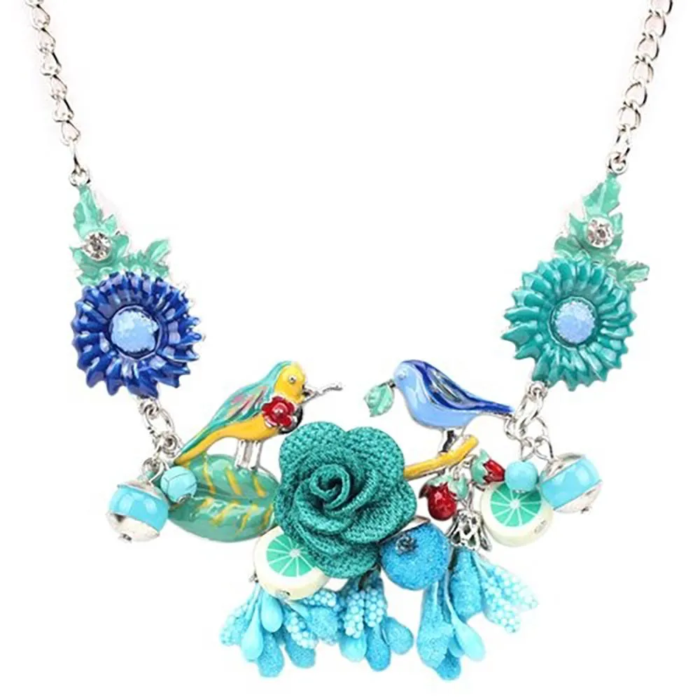 Colorful Enamel Flowers and Birds Statement Necklace