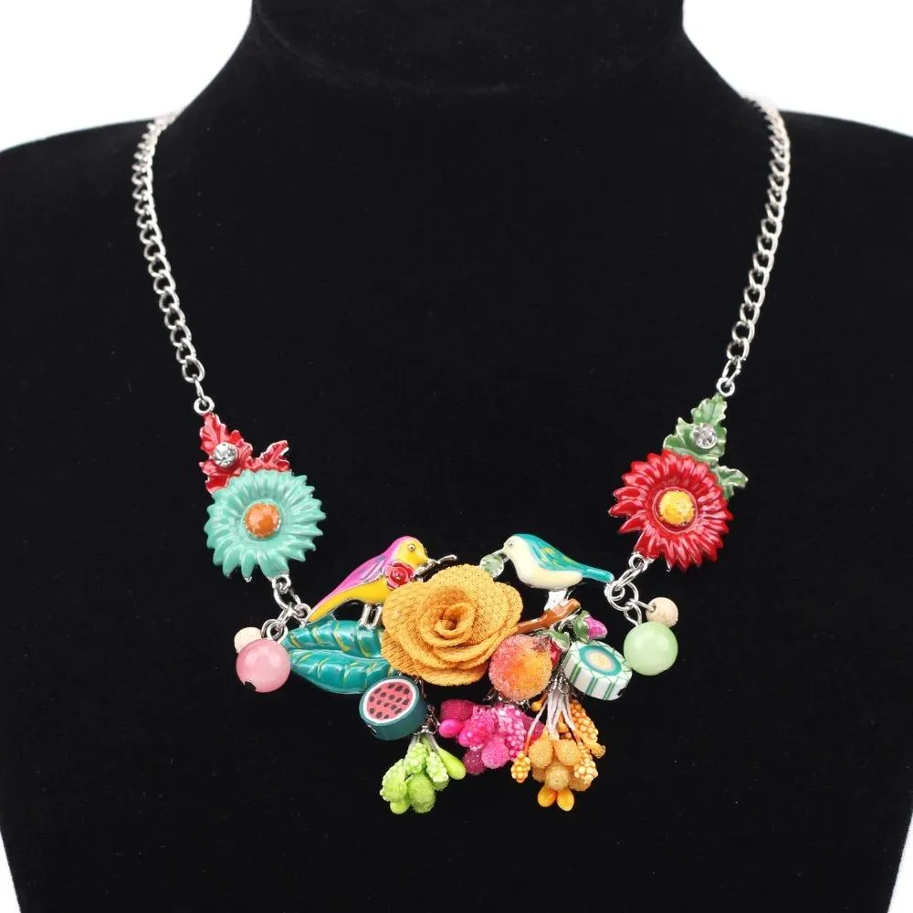 Colorful Enamel Flowers and Birds Statement Necklace