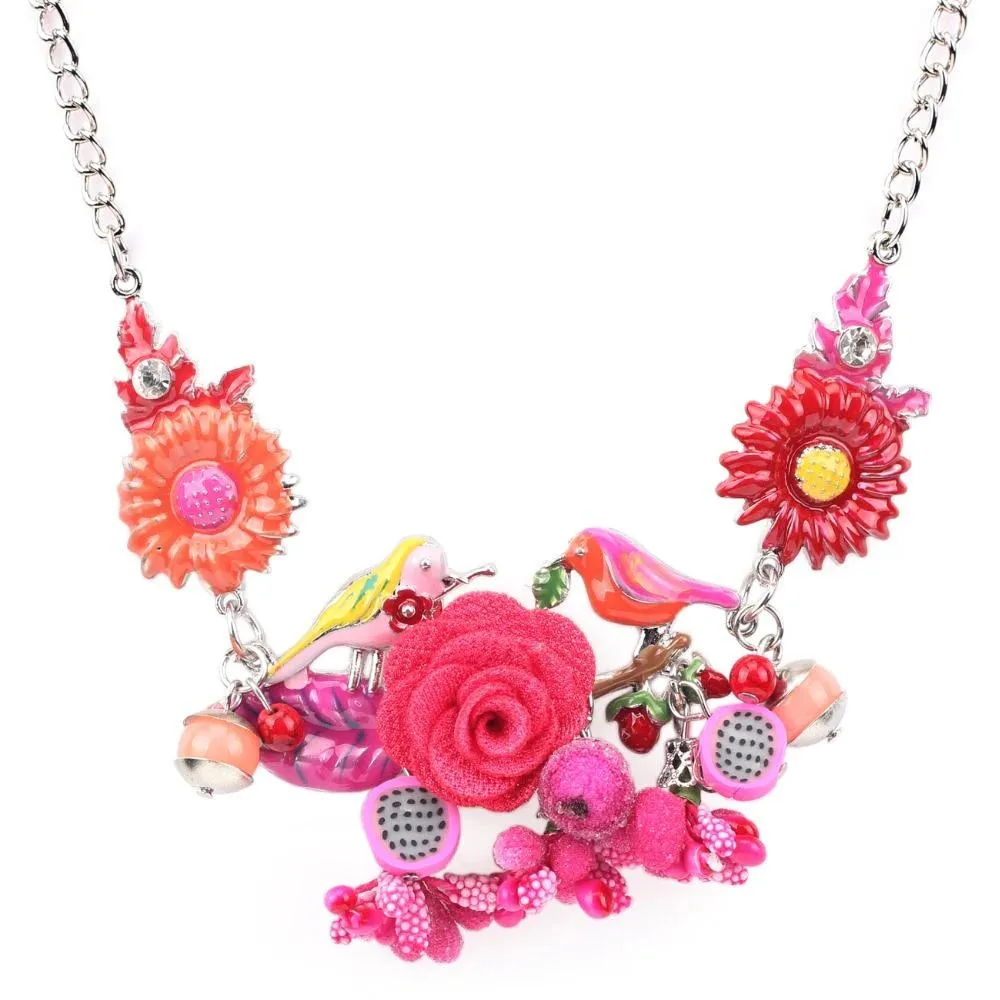 Colorful Enamel Flowers and Birds Statement Necklace